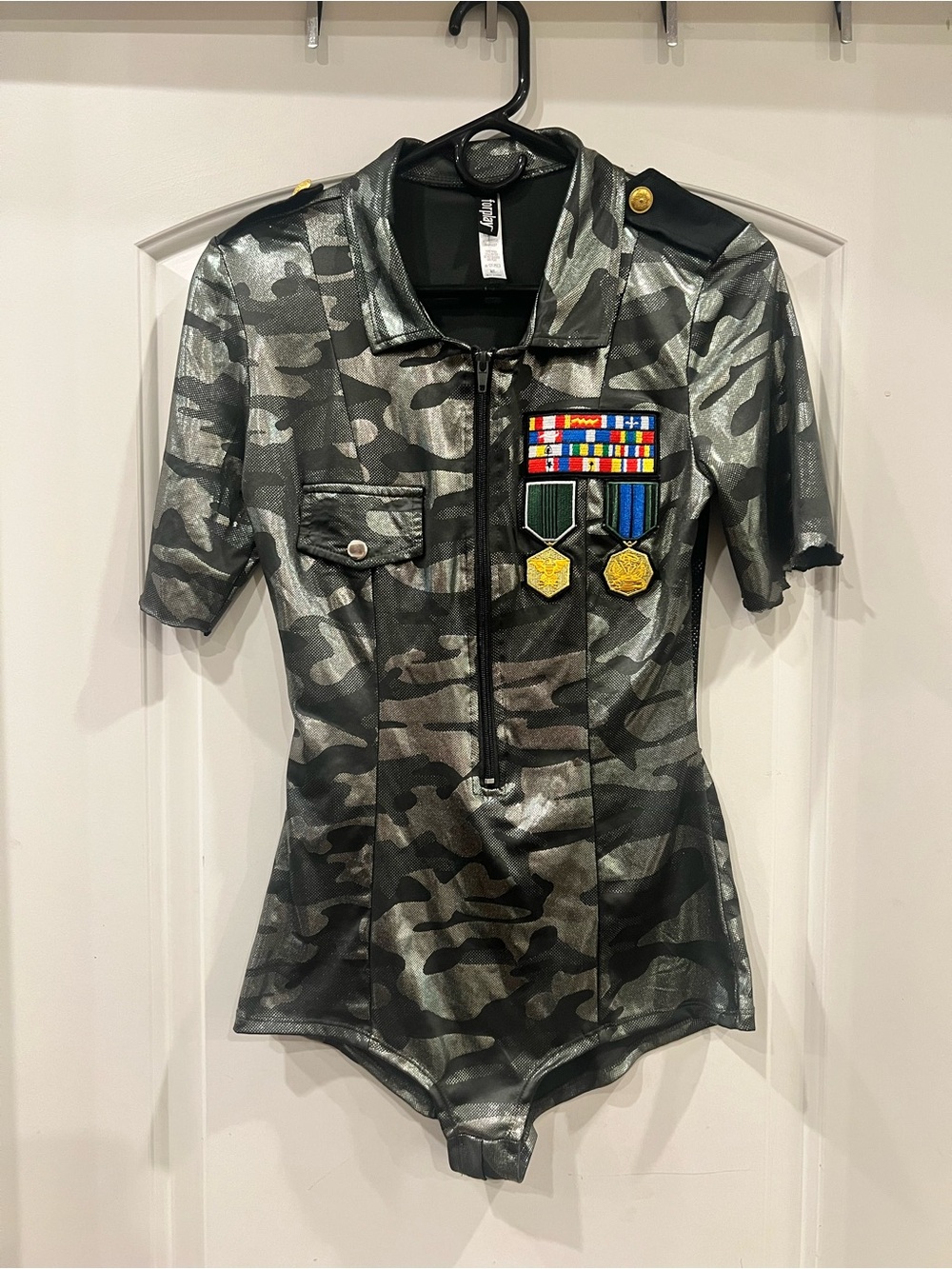 Forplay Soldier Costume Romper M/L Metallic Camo Zip Front